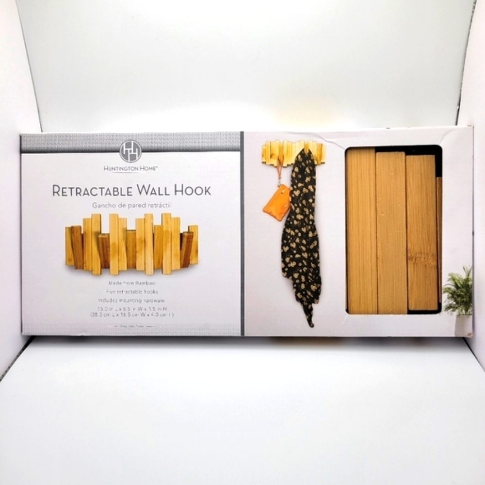 HUNTINGTON HOME Retractable Bamboo Wood Wall Coat Hook Natural